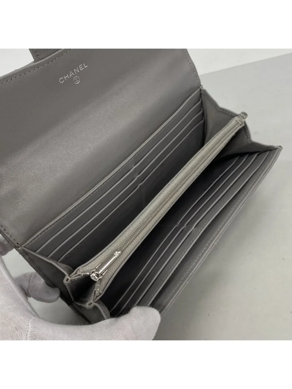 Chanel Wallet Quilted Lambskin Gray Silver